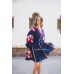 Boho Style Embroidered Classic Dress Navy with Red/White Embroidery
